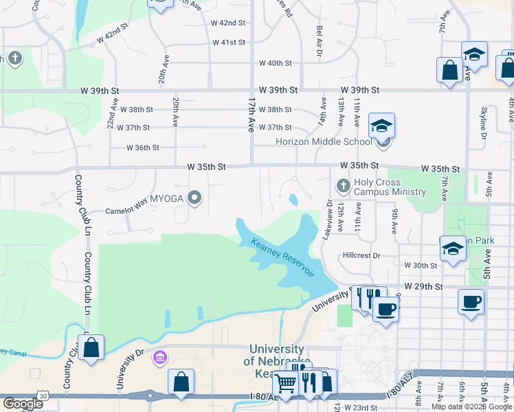 map of restaurants, bars, coffee shops, grocery stores, and more near 3300 17th Avenue Place in Kearney