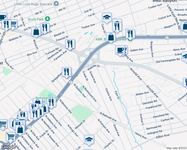 map of restaurants, bars, coffee shops, grocery stores, and more near 661 Grand Avenue in Lindenhurst