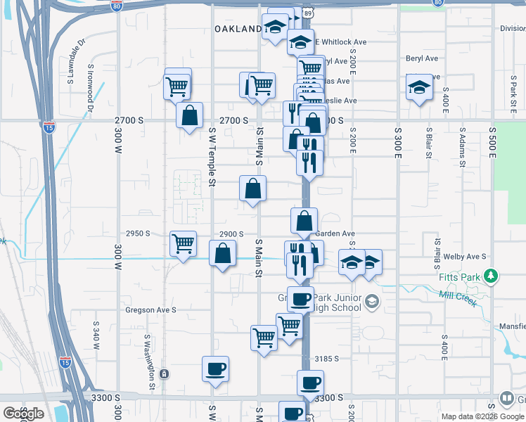 map of restaurants, bars, coffee shops, grocery stores, and more near 2885 South Main Street in South Salt Lake