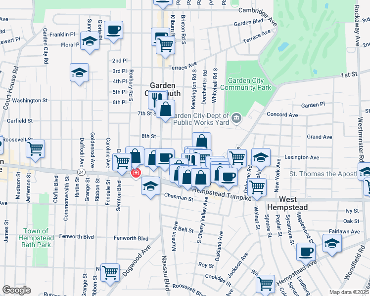 map of restaurants, bars, coffee shops, grocery stores, and more near 64 Brixton Road South in West Hempstead