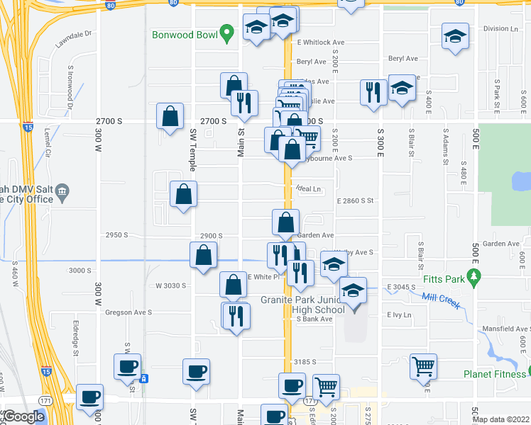 map of restaurants, bars, coffee shops, grocery stores, and more near 45 East Cordelia Avenue in Salt Lake City
