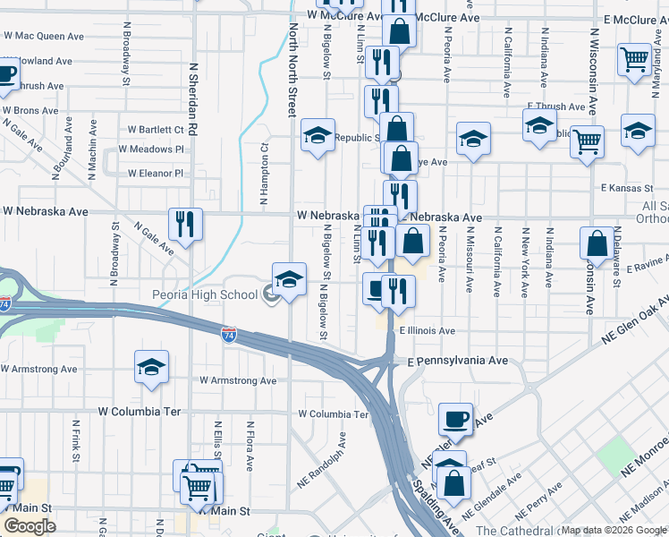 map of restaurants, bars, coffee shops, grocery stores, and more near 1708 North Bigelow Street in Peoria
