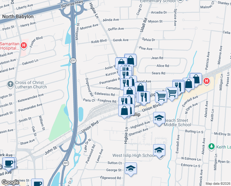 map of restaurants, bars, coffee shops, grocery stores, and more near 14 Foxglove Road in West Islip