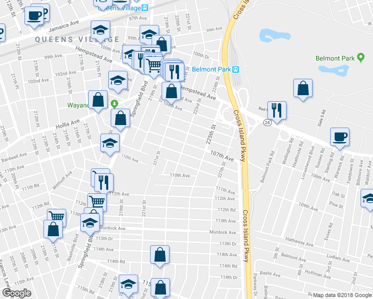map of restaurants, bars, coffee shops, grocery stores, and more near 107-11 223rd Street in Queens