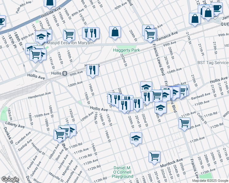 map of restaurants, bars, coffee shops, grocery stores, and more near 199-02 104th Avenue in Queens