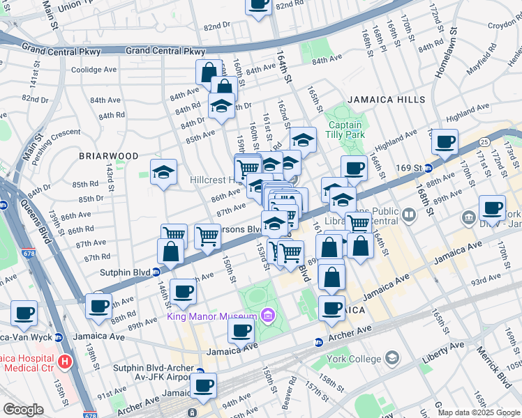 map of restaurants, bars, coffee shops, grocery stores, and more near 150-91 87th Road in Queens
