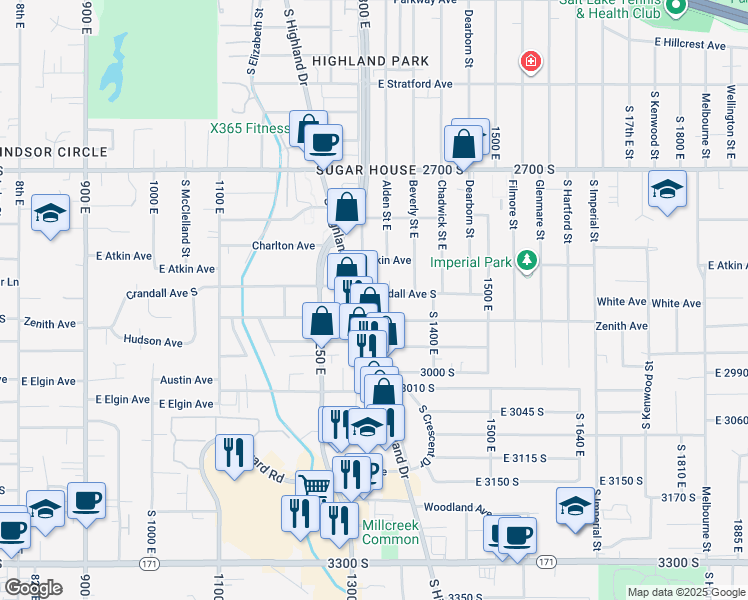 map of restaurants, bars, coffee shops, grocery stores, and more near 1314 Crandall Avenue South in Salt Lake City