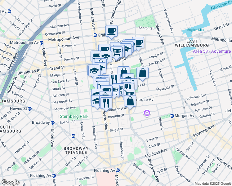 map of restaurants, bars, coffee shops, grocery stores, and more near 210 Humboldt Street in Brooklyn