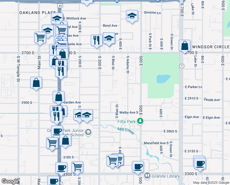 map of restaurants, bars, coffee shops, grocery stores, and more near 377 East Maxwell Lane in South Salt Lake