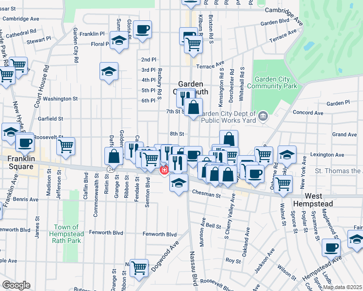 map of restaurants, bars, coffee shops, grocery stores, and more near 70 Euston Road South in West Hempstead