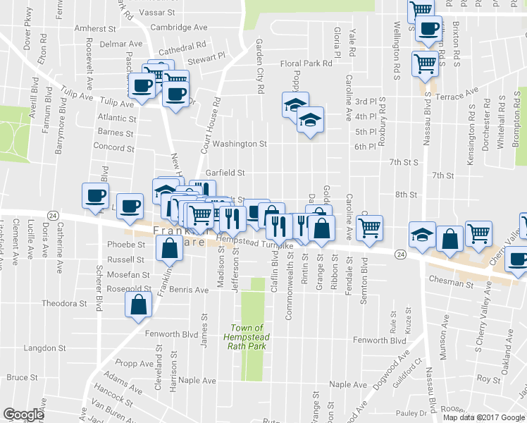 map of restaurants, bars, coffee shops, grocery stores, and more near 53 Lincoln Road in Franklin Square