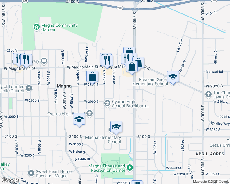 map of restaurants, bars, coffee shops, grocery stores, and more near 2859 South 8500 West in Magna