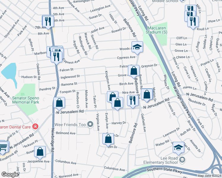 map of restaurants, bars, coffee shops, grocery stores, and more near 603 Kingston Avenue in East Meadow