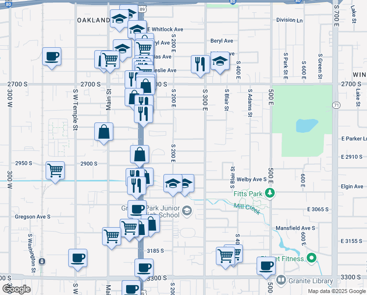 map of restaurants, bars, coffee shops, grocery stores, and more near 213 Cordelia Avenue in South Salt Lake