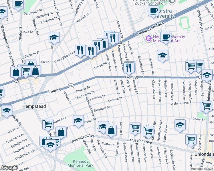 map of restaurants, bars, coffee shops, grocery stores, and more near 36 Clemente Place in Hempstead
