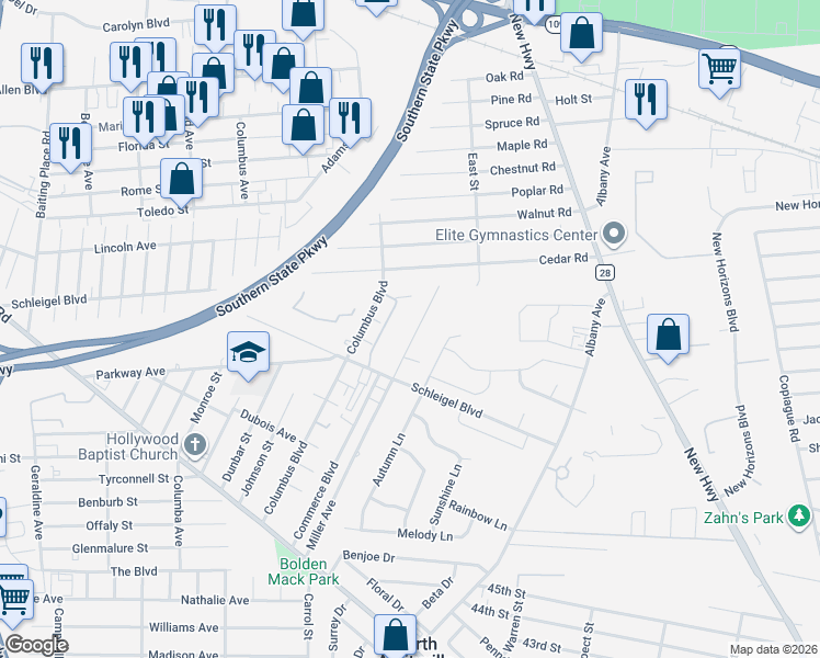 map of restaurants, bars, coffee shops, grocery stores, and more near 131 Miller Avenue in Amityville