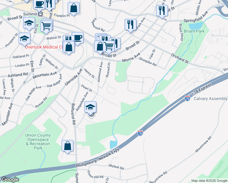 map of restaurants, bars, coffee shops, grocery stores, and more near 40 Eggers Court in Summit