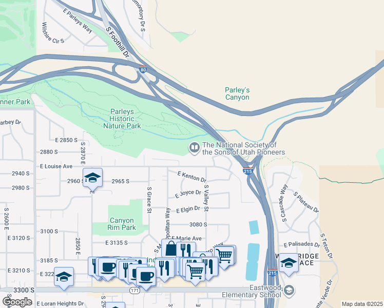 map of restaurants, bars, coffee shops, grocery stores, and more near 3261 East Louise Avenue in Salt Lake City
