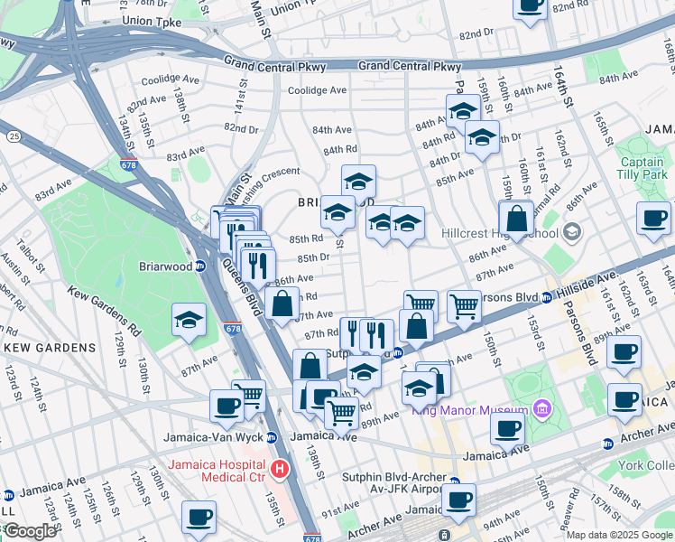 map of restaurants, bars, coffee shops, grocery stores, and more near 85-64 143rd Street in Queens