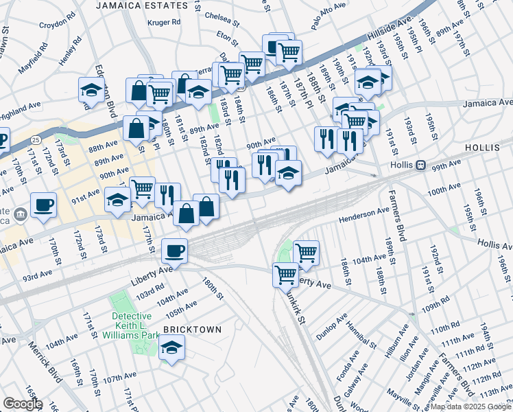 map of restaurants, bars, coffee shops, grocery stores, and more near 18402 Jamaica Avenue in Queens