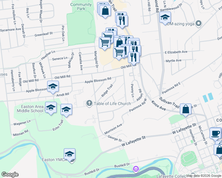 map of restaurants, bars, coffee shops, grocery stores, and more near 1341 Ridge Trail in Easton