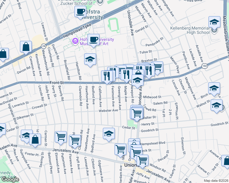 map of restaurants, bars, coffee shops, grocery stores, and more near 305 Fenimore Avenue in Uniondale