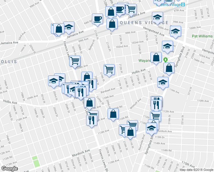 map of restaurants, bars, coffee shops, grocery stores, and more near 209-30 Hollis Avenue in Queens