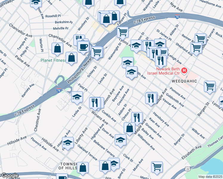 map of restaurants, bars, coffee shops, grocery stores, and more near 81 Summit Avenue in Newark