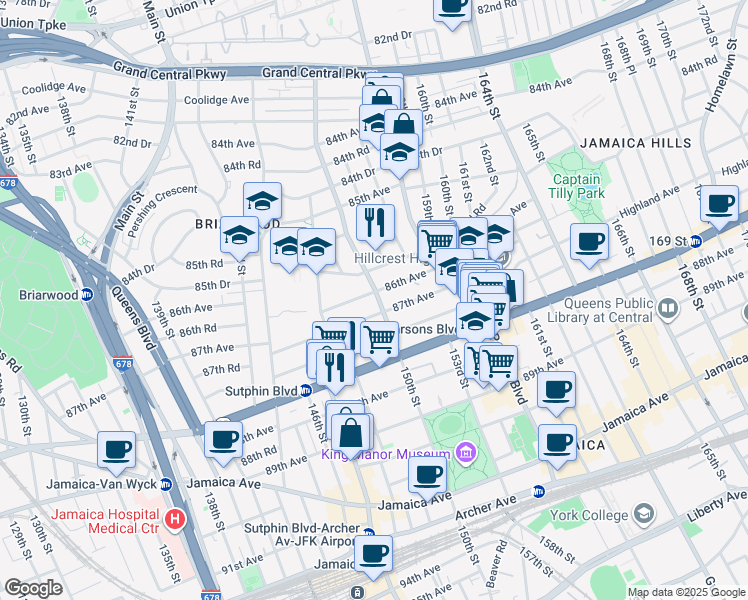 map of restaurants, bars, coffee shops, grocery stores, and more near 86-04 150th Street in Queens