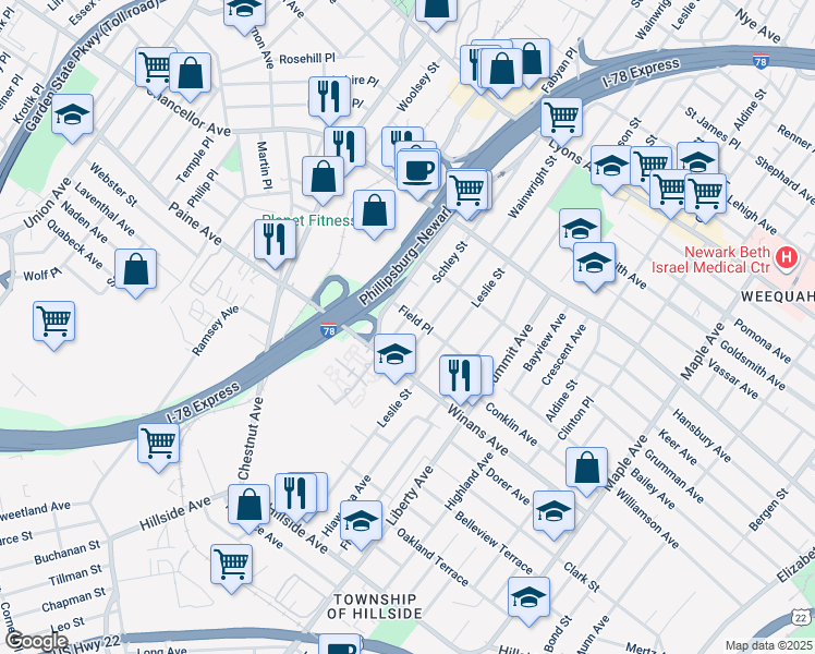 map of restaurants, bars, coffee shops, grocery stores, and more near 390 Schley Street in Newark