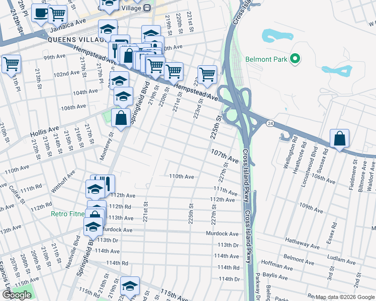 map of restaurants, bars, coffee shops, grocery stores, and more near 107-11 223rd Street in Queens