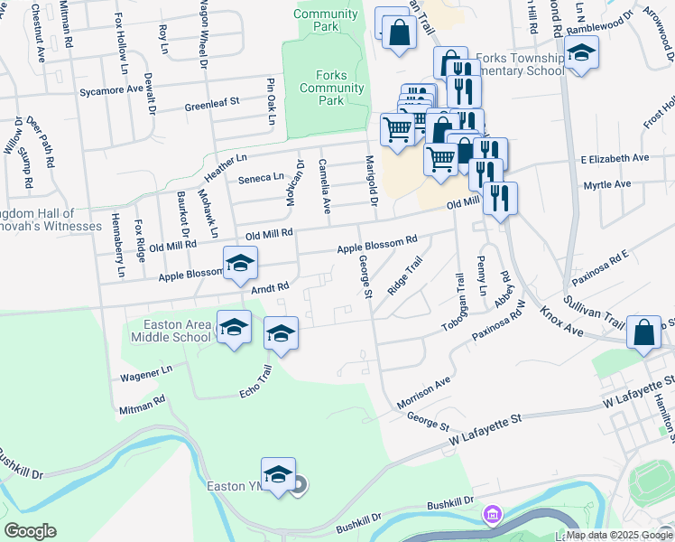 map of restaurants, bars, coffee shops, grocery stores, and more near 15 Brandywine Court in Easton