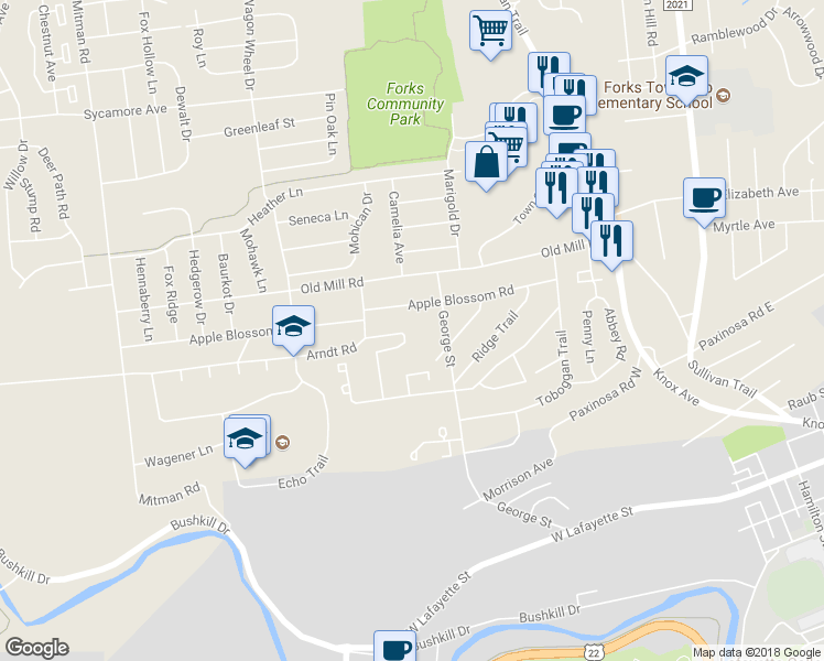 map of restaurants, bars, coffee shops, grocery stores, and more near 15 Brandywine Court in Easton