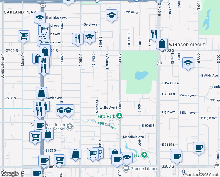 map of restaurants, bars, coffee shops, grocery stores, and more near 2875 South Adams Street in South Salt Lake
