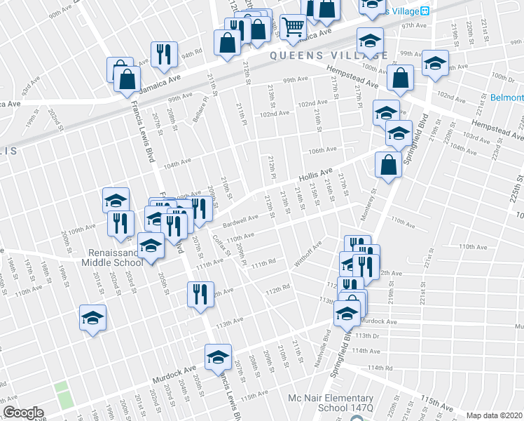 map of restaurants, bars, coffee shops, grocery stores, and more near 209-51 Bardwell Avenue in Queens