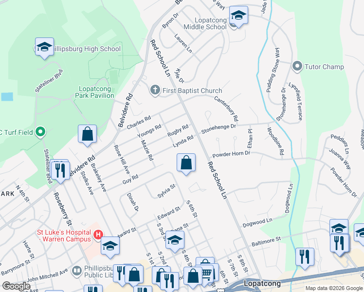 map of restaurants, bars, coffee shops, grocery stores, and more near 802 Lynda Road in Phillipsburg
