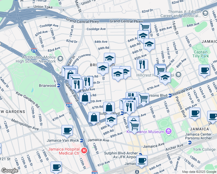 map of restaurants, bars, coffee shops, grocery stores, and more near 85-70 144th Street in Queens