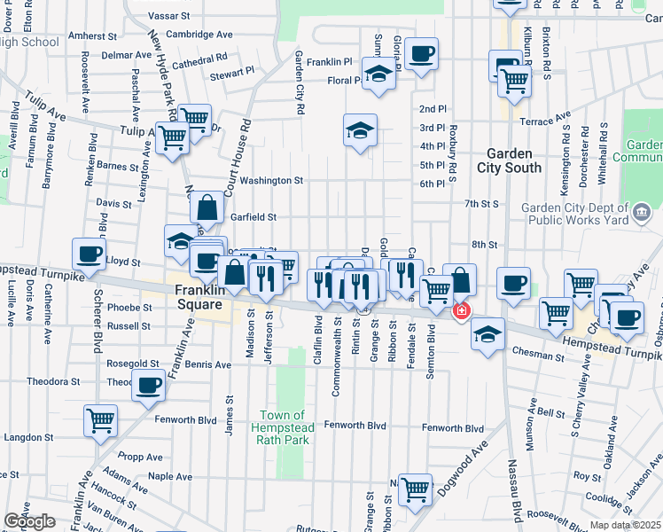 map of restaurants, bars, coffee shops, grocery stores, and more near 54 McKinley Avenue in Franklin Square