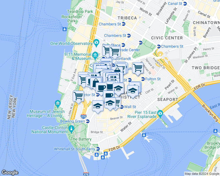 map of restaurants, bars, coffee shops, grocery stores, and more near 112 Broadway in New York