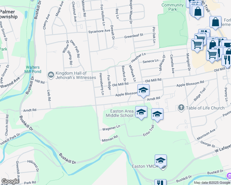 map of restaurants, bars, coffee shops, grocery stores, and more near 1011 Apple Blossom Road in Easton