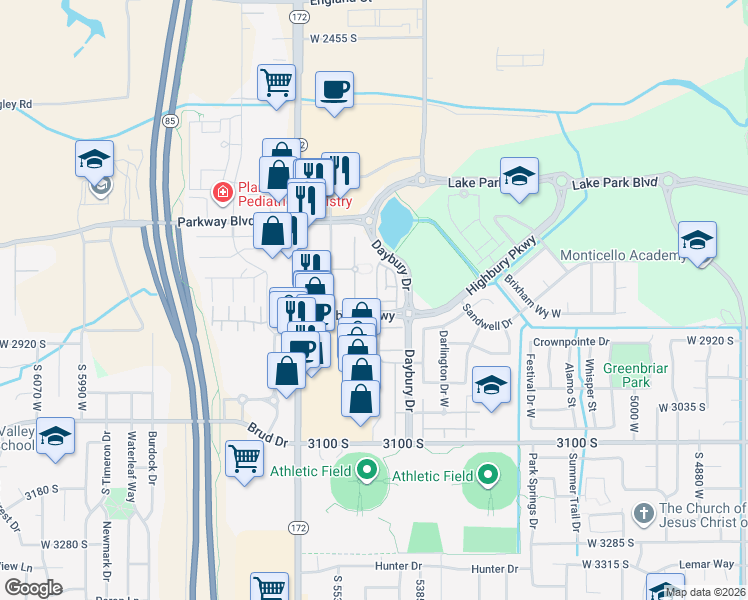 map of restaurants, bars, coffee shops, grocery stores, and more near 2844 Old Arbor Lane in West Valley City