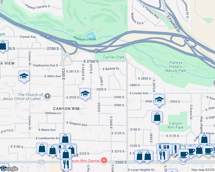 map of restaurants, bars, coffee shops, grocery stores, and more near 2883 South Devereaux Way in Millcreek