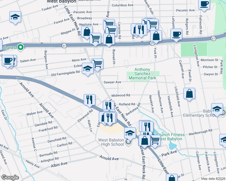 map of restaurants, bars, coffee shops, grocery stores, and more near 28 Ireland Place in West Babylon