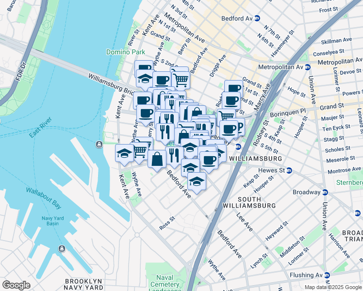 map of restaurants, bars, coffee shops, grocery stores, and more near 134 South 9th Street in Brooklyn