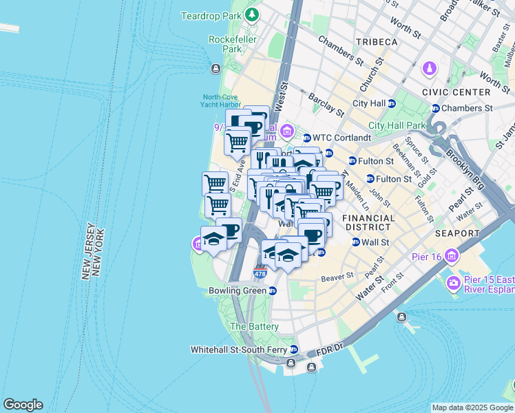 map of restaurants, bars, coffee shops, grocery stores, and more near 50 West Street in New York