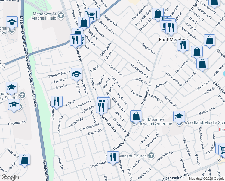 map of restaurants, bars, coffee shops, grocery stores, and more near 434 Poplar Lane in East Meadow