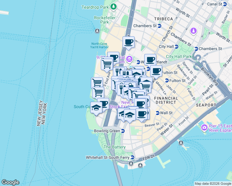 map of restaurants, bars, coffee shops, grocery stores, and more near 50 West Street in New York