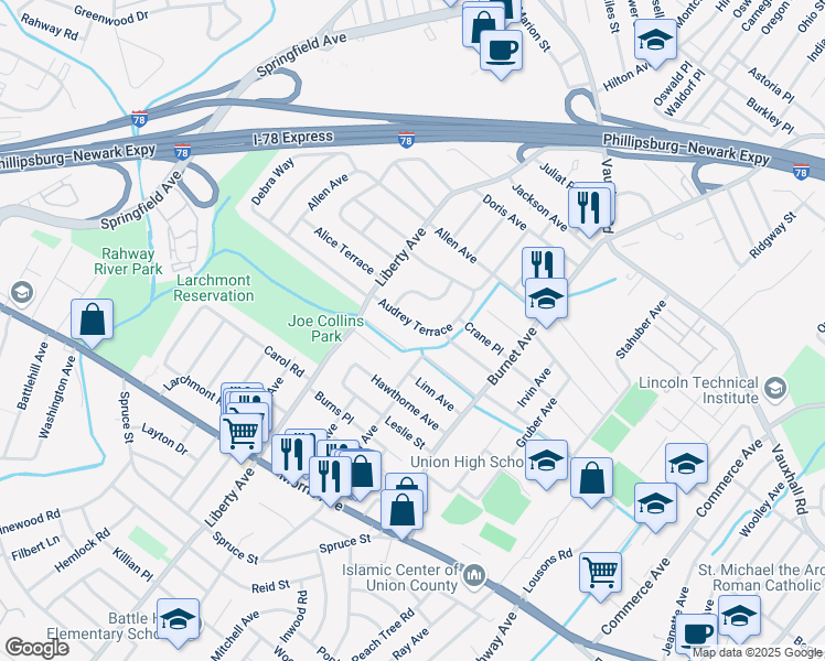 map of restaurants, bars, coffee shops, grocery stores, and more near 2576 Audrey Terrace in Union