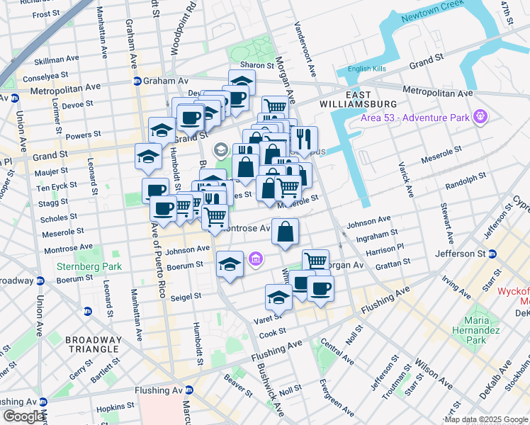 map of restaurants, bars, coffee shops, grocery stores, and more near 286 Meserole Street in Brooklyn