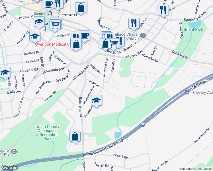 map of restaurants, bars, coffee shops, grocery stores, and more near 64 Ashwood Avenue in Summit